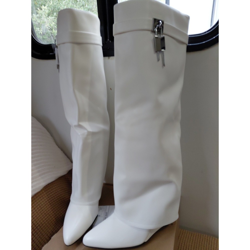 New Fold Over Skirted Knee Boots 3" Wedge Heel Pull On‎ Pad Lock White Sz 8